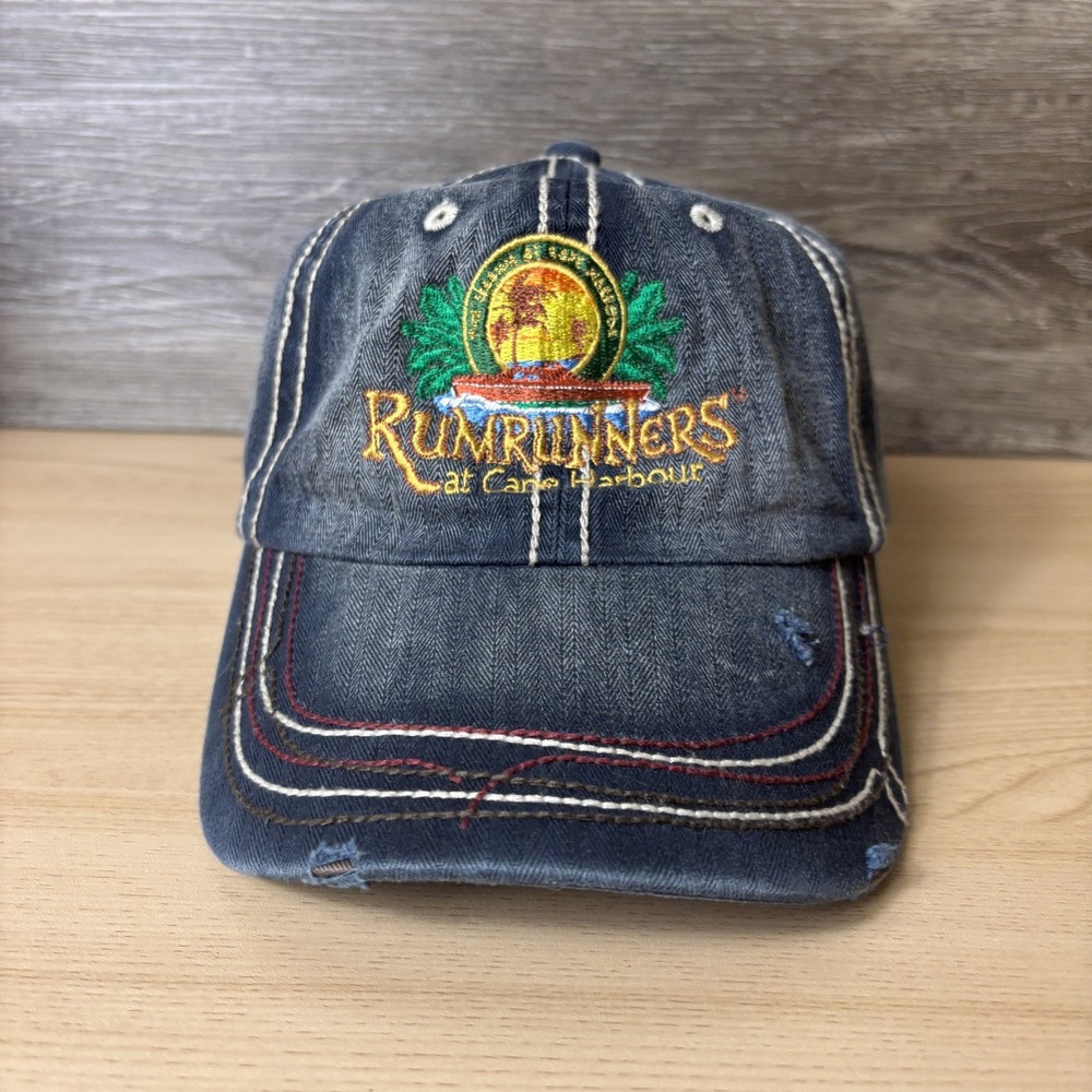 RumRunners at Cane Harbour Hat Cap Strap Back Blue Distressed Embroidered Mens